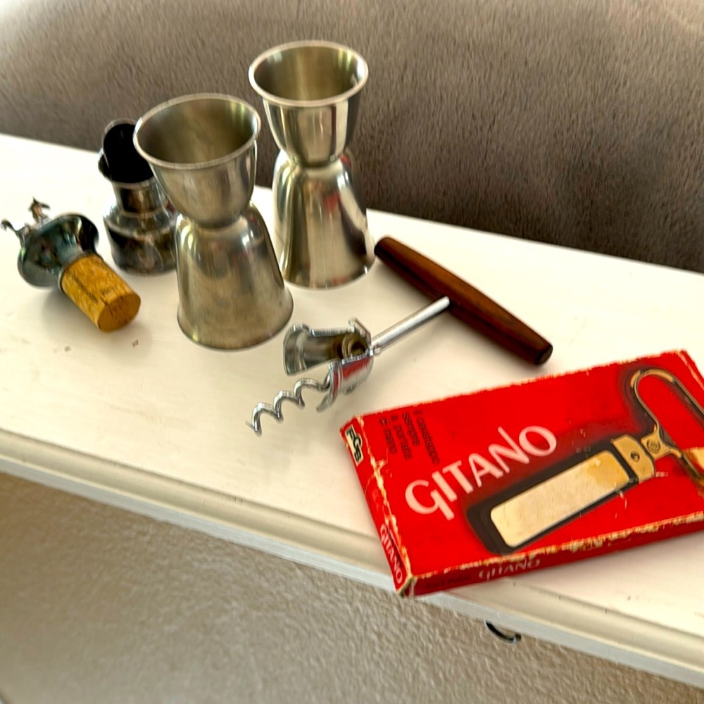 Vintage bar ware cork screws shot glasses wine stopper